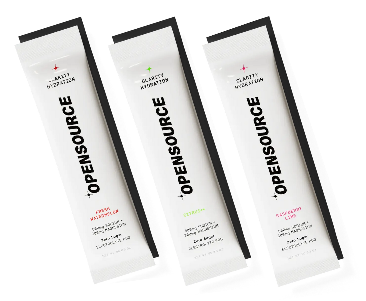 OPENSOURCE Clarity Hydration electrolyte pods showing three zero-sugar flavors: Fresh Watermelon, Citrus, and Raspberry Lime, each containing 500mg sodium and 300mg magnesium for optimal hydration and mental clarity