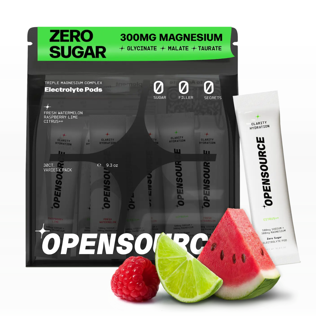 Triple magnesium electrolyte pods variety pack showing OPENSOURCE 30-count containers in fresh watermelon, raspberry lime, and citrus flavors with 300mg premium magnesium complex, zero sugar formula, and natural fruit garnish